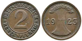 ГЕРМАНИЯ 2 РЕНТЕНПФЕННИГА 1923 D KM 31, J. 307 бронза 73-1013