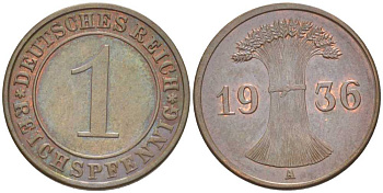ГЕРМАНИЯ 1 РЕЙХСПФЕННИГ 1936 A KM 37, J. 313, Weege 2 бронза 206-851