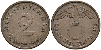 Германия 2 рейхспфеннига 1939 A KM 90, J. 362 бронза 4151-128