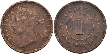 Стрейтс-Сетлментс 1 цент 1883 Виктория (1837-1901), Ост-Индская компания KM 9а бронза 4590-434
