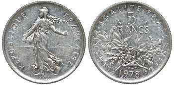 Франция 5 франков 1978 сеятель KM 926a.1, Le Franc 341.10 медно-никель плакированный никелем 51-4125