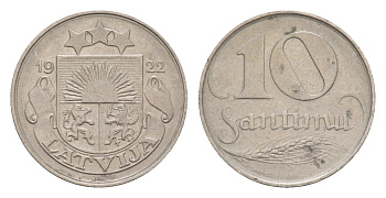 Латвия 10 сантимов 1922 год-тип KM 4 никель 4658-1226
