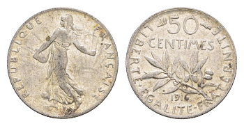 Франция 50 сантимов 1916 KM 854 серебро 4655-633