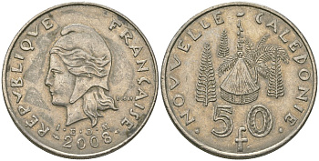 Французская Новая Каледония 50 франков 2008 хижина среди сосен и пальм, (IEOM) KM 13a, Schoen 15a, Lec 128i медно-никель 114-311