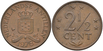Нидерландские Антилы 2 1/2 цента 1978 Юлиана (1948-1980) KM 9 бронза 4595-432