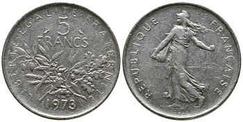 ФРАНЦИЯ 5 ФРАНКОВ 1973 СЕЯТЕЛЬ KM 926a.1, LE FRANC 341.5 медно-никель плакированный никелем 36-145