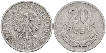 ПОЛЬША 20 ГРОШЕЙ 1969 MW KM A47 алюминий VF 188-332