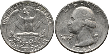 США 25 центов (квотер) 1965 Вашингтон KM 164a медь плакированная медно-никелем 4390-913