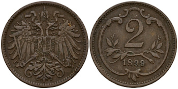 Австрия 2 геллера 1899 Франц Иосиф I (1848-1916) (1848-1916) KM 2801 бронза 4158-514