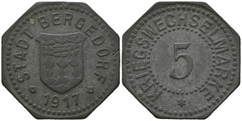 Бергедорф (Гамбург) 5 пфенингов 1917 Funck 36.1, Men05 1771.1, Men18 2289.1 цинк 4525-1246