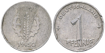 ГДР 1 пфенниг 1950 E KM 1 алюминий 206-456