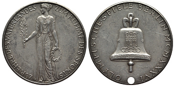 Германия медаль 1936 Олимпийские игры в Берлине, вес 21,4 г, диаметр 46,5 мм серебро 00-808-51