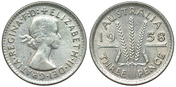 Австралия 3 пенса 1958 m, Елизавета II (1952-2022) KM 57 серебро 71-552
