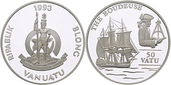 Вануату 50 вату 1993 история мореплавания, фрекат Будьюз KM 16 серебро PROOF 1078-1-51