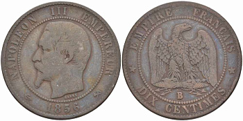 Франция 10 сантимов 1856 B, Наполеон III (1852-1870) KM 771.2, Le Franc 133.33 бронза    4680-544