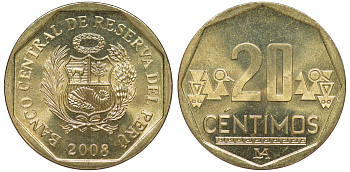 Перу 20 сентимо 2008 KM 306.4 латунь aUNC 4605-532