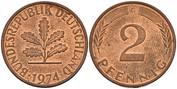 ФРГ 2 пфеннига 1974 G J.381a, KM 106a сталь плакированная медью    4598-822
