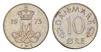 Дания 10 эре 1973 S; B, Маргрете II (1972-2024) KM 860 медно-никель 4701-938