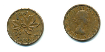 Канада 1 цент 1964 Елизавета II (1952-2022), кленовый лист KM 49 бронза 540-746