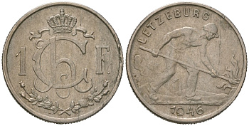 Люксембург 1 франк 1946 Шарлотта (1918-1964), сталевар KM 46.1 медно-никель 4618-814