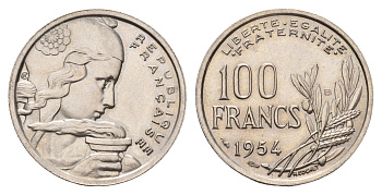 Франция 100 франков 1954 KM 919.1, Le Franc 450.2 медно-никель UNC 4675-755