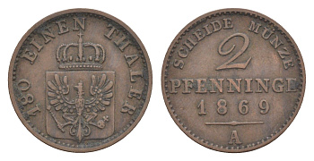 Пруссия 2 пфеннига 1869 A, Вильгельм I (1861-1888) KM 481, Jaeger 51, AKS 107, Olding 425 медь 4651-323