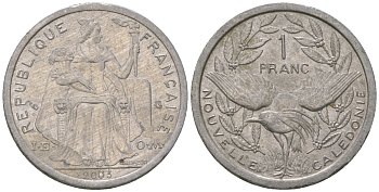 Французская Новая Каледония 1 франк 2003 птица кагу, (IEOM) KM 10, Schoen 10, Lec 52h алюминий 46-1827