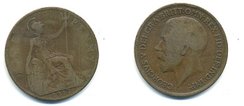 Великобритания 1 пенни 1917 Георг V (1910-1936) КМ 810, Spink 4051 бронза 80-1023