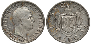 Албания 1 франга ари 1935 R, Ахмет Зогу I (1928-1939) KM 16 серебро 1526-1221