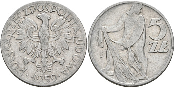 Польша 5 злотых 1959 MW, рыбак KM 47 алюминий 4572-345