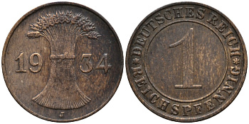 Германия 1 рейхспфенниг 1934 J KM 37 бронза 44-1252