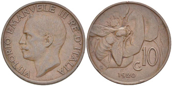 ИТАЛИЯ 10 ЧЕНТЕЗИМО 1920 R, МОНДВОР РИМ, ВИКТОР ЭММАНУИЛ III (1900-1946) KM 60 медь 4525-224