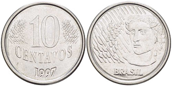 Бразилия 10 сентаво 1997 голова свободы KM 633 нержавеющая сталь 60-216