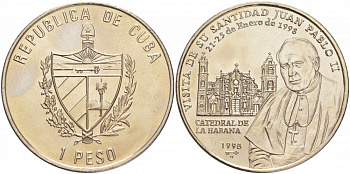 Куба 1 песо 1998 визит Иоанна Павла II  KM 732 медно-никель UNC M27-3