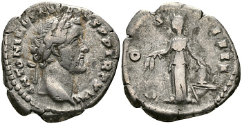 Римская Империя денарий 153 - 154 Антонин Пий COS IIII Аннона, персонификация хлебного урожая Рим Very fine RIC 231 серебро 1073-9-16