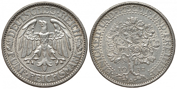 Германия 5 рейхсмарок 1932 A, Веймарская республика, дуб Weege 21, J. 331, KM 56 серебро 00-814-78