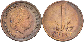 НИДЕРЛАНДЫ 1 ЦЕНТ 1967 ЮЛИАНА (1948-1980) KM 180 бронза 3309-336