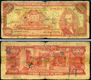 Бразилия 5000 крузейро ND (1963 & 1964) Соединённые Штаты Бразилии, Тирадентес Pick 182 b бумага 7148-32-2-1