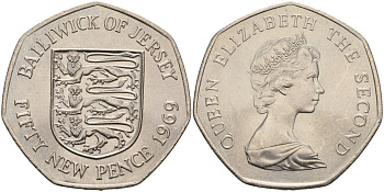 Джерси 50 пенсов 1969 герб, Елизавета II (1952-) KM 34 медно-никель UNC 4583-542