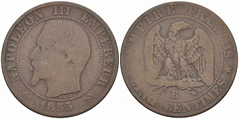 Франция 5 сантимов 1855 B, Наполеон III (1852-1870) KM 777.2, LE FRANC 116.19 бронза 108-345