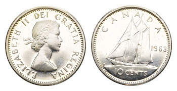 Канада 10 центов 1963 Елизавета II (1952-2022), парусник KM 51 серебро PROOF-LIKE (BU) 4639-612