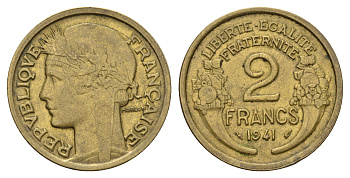 Франция 2 франка 1941 KM 886, Le Franc 268.14 алюминиевая бронза 4118-535