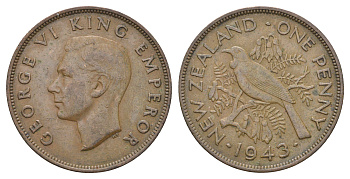 Новая Зеландия 1 пенни 1943 Георг VI (1936-1952), новозеландский туи KM 13 бронза  4403-1223
