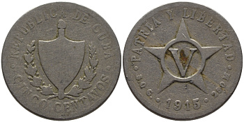 Куба 5 сентаво 1915 ПЕРВАЯ РЕСПУБЛИКА (1902-1962) KM 11.1 медно-никель 4379-233