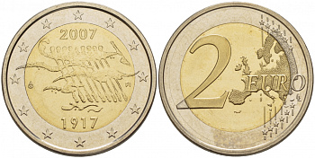 Финляндия 2 евро 2007 90 лет независимости KM 139 биметалл BUNC 1094-6-11