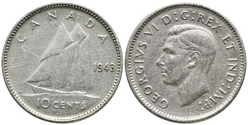 Канада 10 центов 1943 Георг VI (1936-1952), парусник KM 34 серебро 4532-742