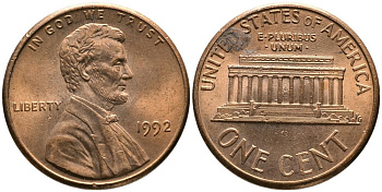 США 1 ЦЕНТ 1992 ЛИНКОЛЬН KM 201b цинк плакированный медью 4549-312