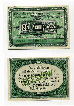 Германия 25 пфеннигов 1917 инспекция лагерей военнопленных в Бескове, III-ий Армейский корпус C-2708 бумага UNC (пресс) 000-00-00