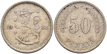 ФИНЛЯНДИЯ 50 ПЕННИ 1938 S KM 26 медно-никель 192-1118