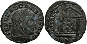 Римская Империя нуммий 308 - 310 Максенций CONSERV VRB SVAE храм Ромы Рим Very fine RIC 210 бронза 1073-10-21